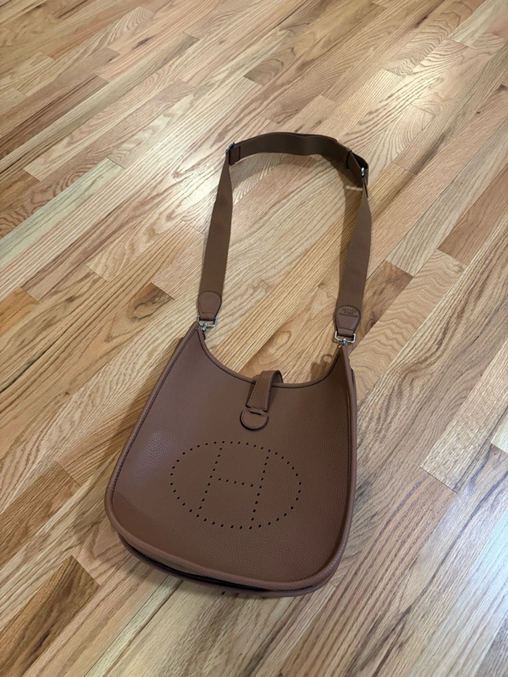 Evelyne inspired Brown Leather Crossbody Bag with Perforated Logo Detail